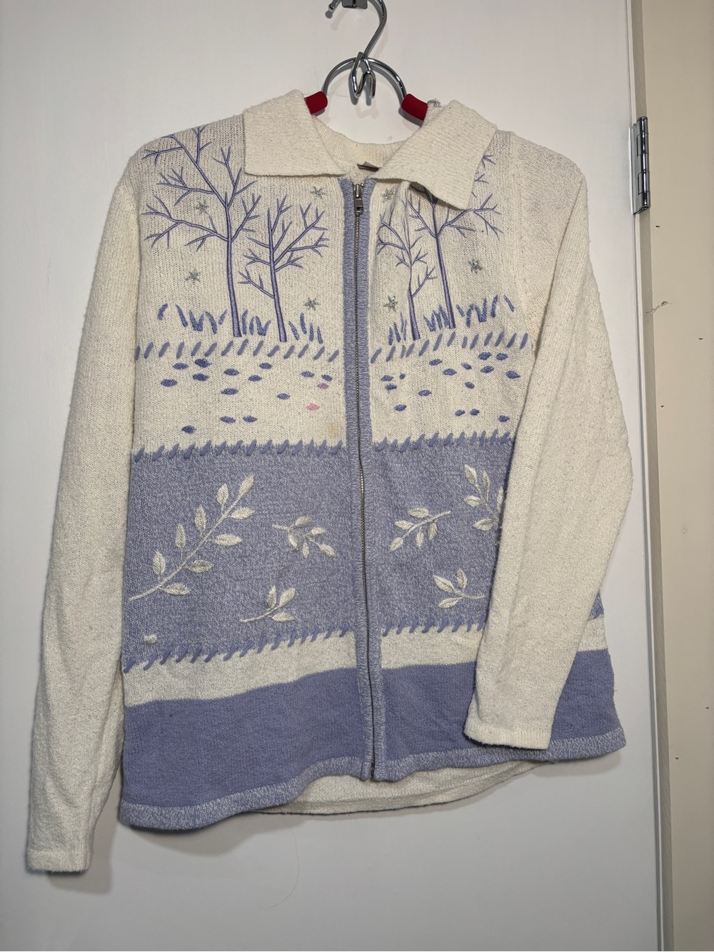 Vintage TanJay Ivory and Lavender Christmas Zip-Front Knit Sweater Jacket
